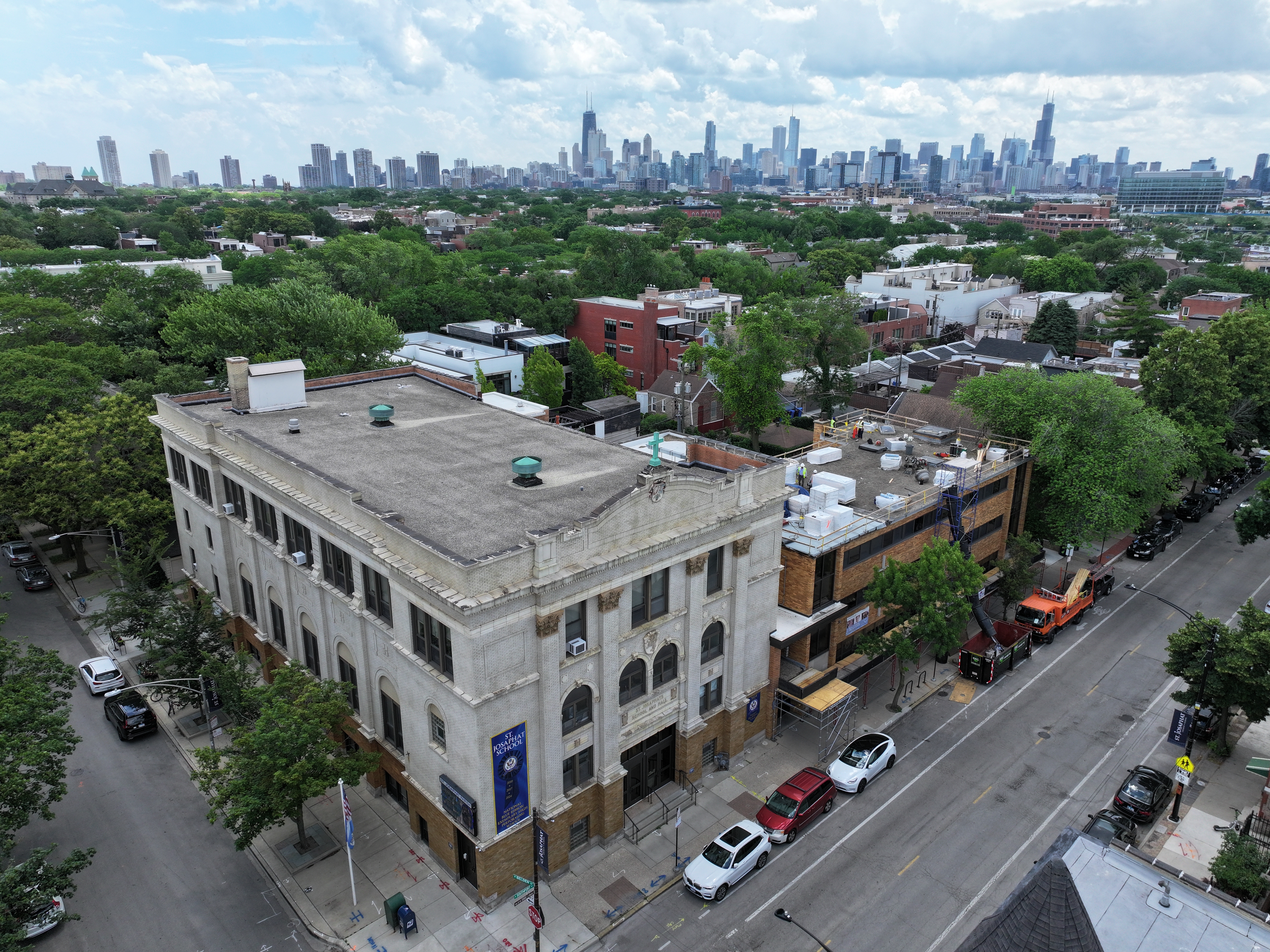 Chicago Aerial View with Church and Skyline