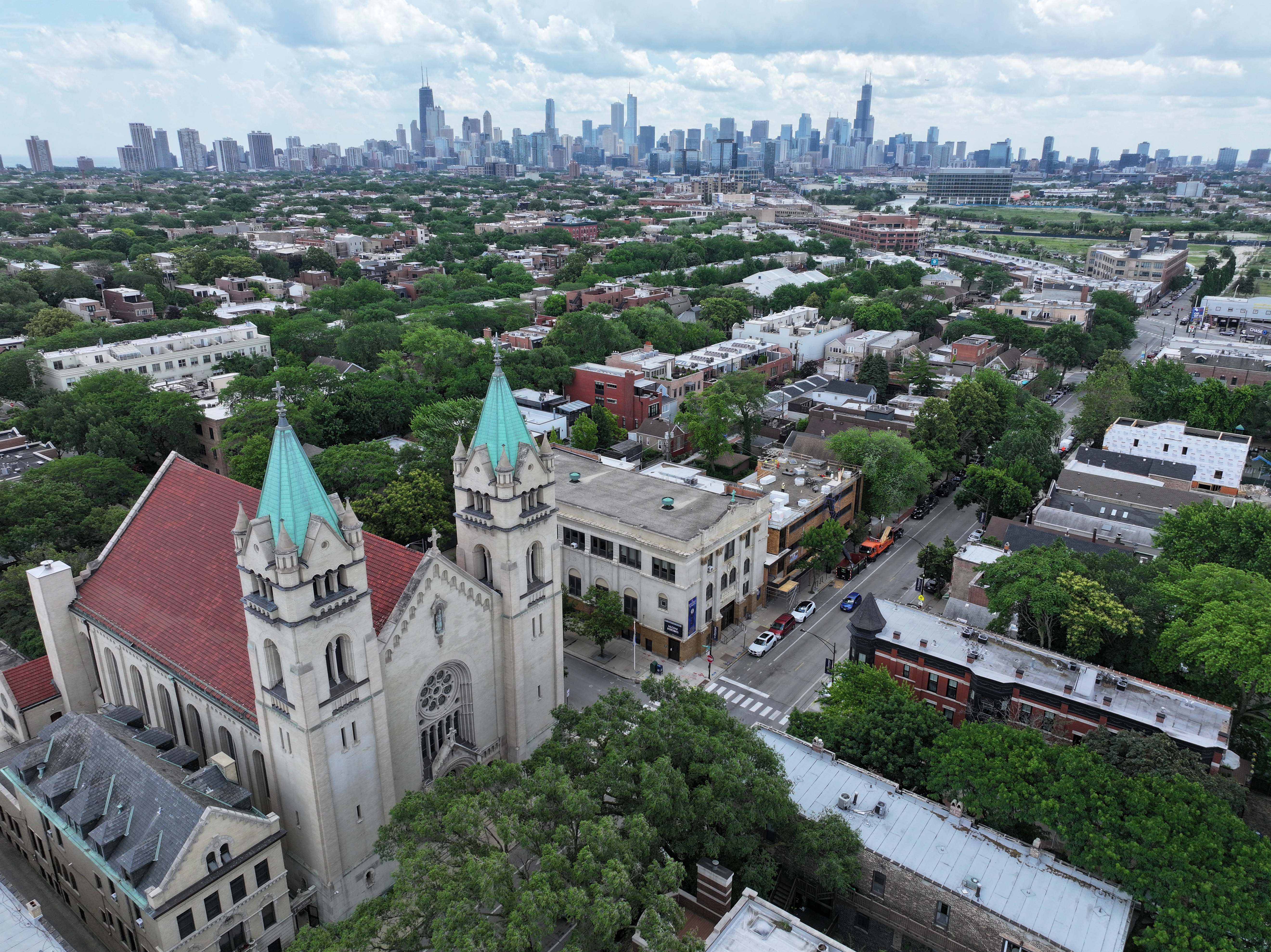 Chicago Dusk Aerial View of School Building