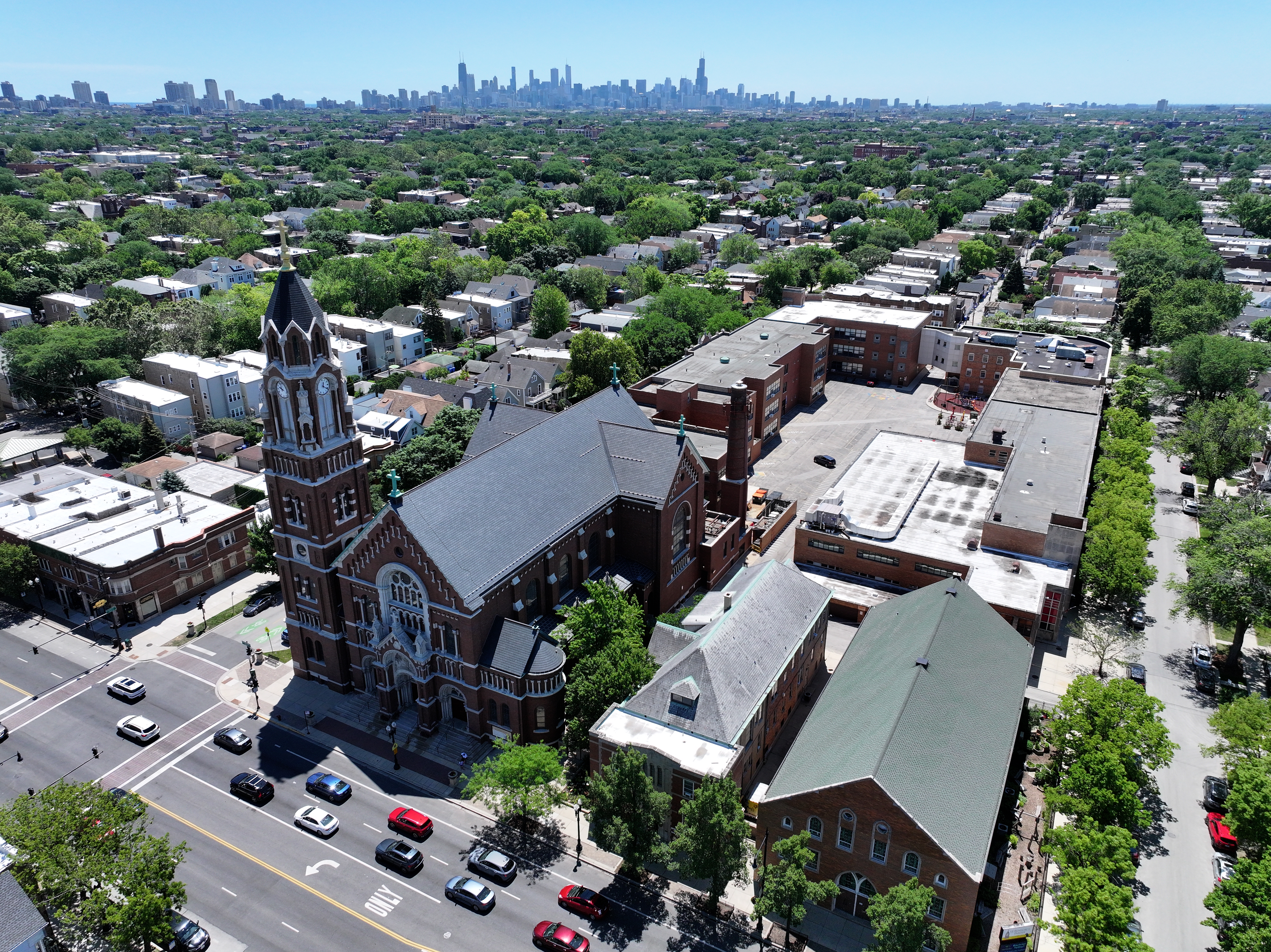 Chicago Aerial View of Historic Building with Downtown Skyline