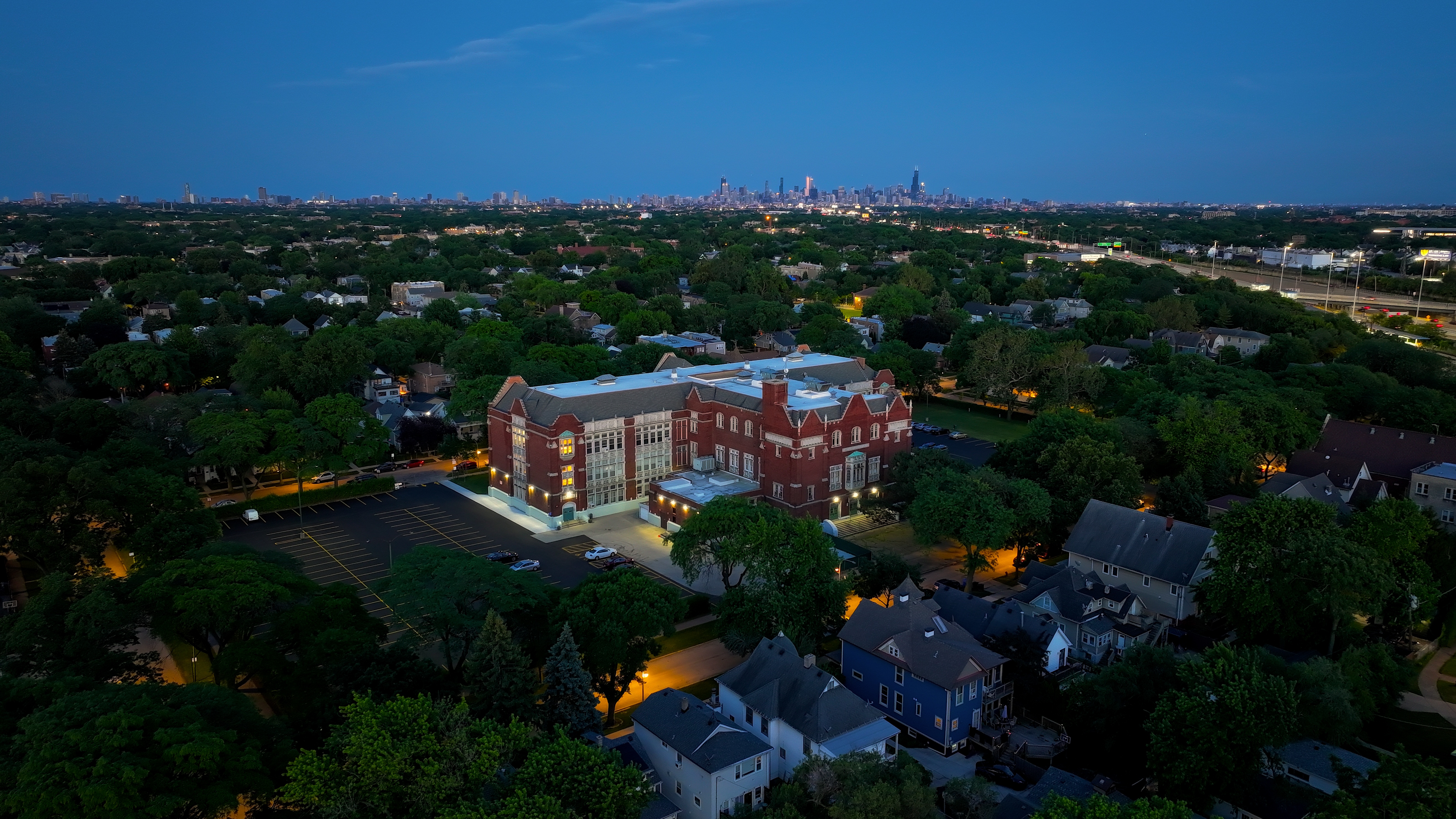 Chicago Aerial View of Church with Green Spires